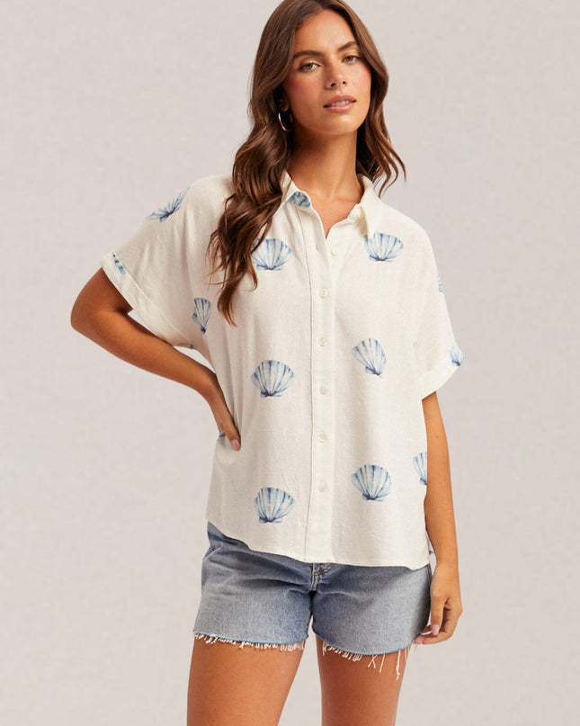 Seashell Printed Button Down Short Sleeve Top