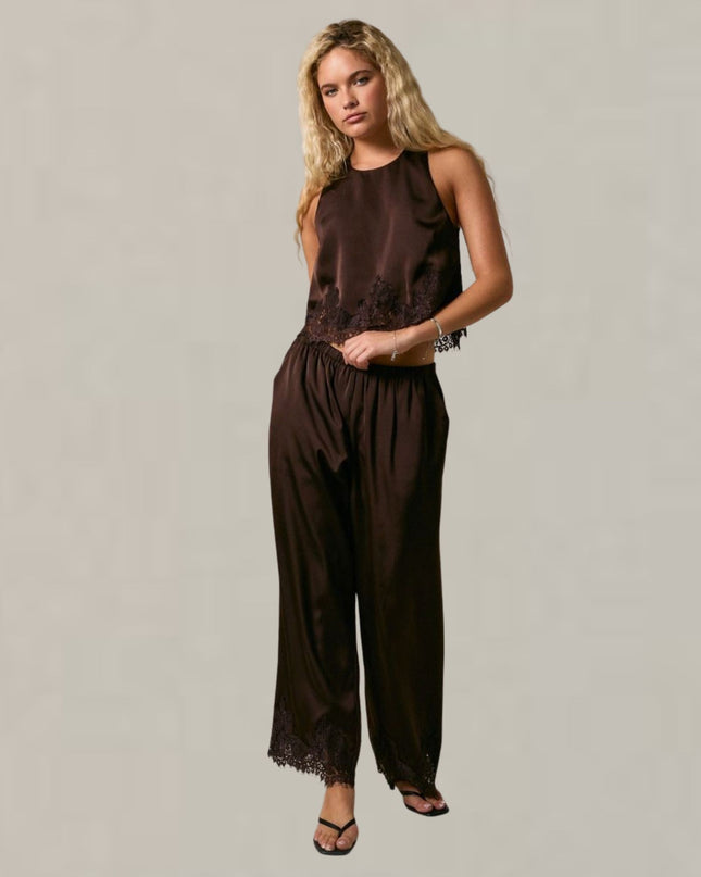 Elastic Waist Lace Trim Wide Leg Pants
