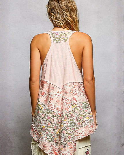 Round Neck Half Button Placket Floral V Shape Bottom Racerback Top