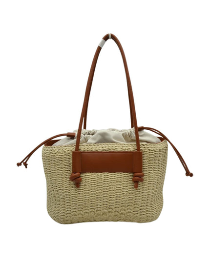 Rectangle Straw Cinch Cloth Interior Vegan Leather Strap Shoulder Bag