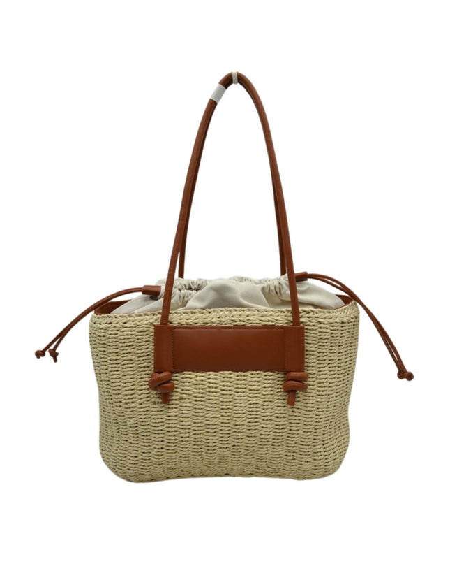 Rectangle Straw Cinch Cloth Interior Vegan Leather Strap Shoulder Bag