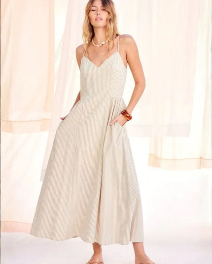 Striped Side Pockets Spaghetti Strap Maxi Dress