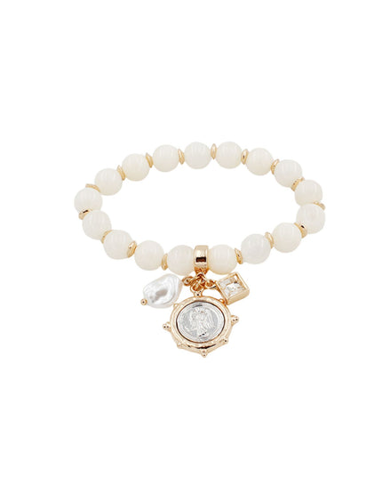 Disc Cubic Crystal Pearl Charm Resin Gold Metal Beaded Bracelet