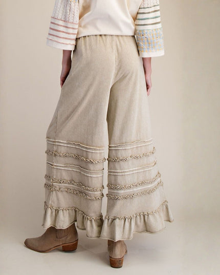 Tiered Ruffle Hem Elastic Drawstring Waist Wide Leg Pants