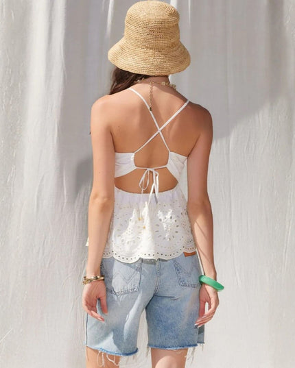Open Back Eyelet Detail Peplum Top
