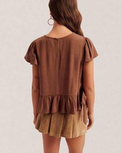 Scoop Neck Flutter Short Sleeve Side Slit Ribbon Tie Detail Top