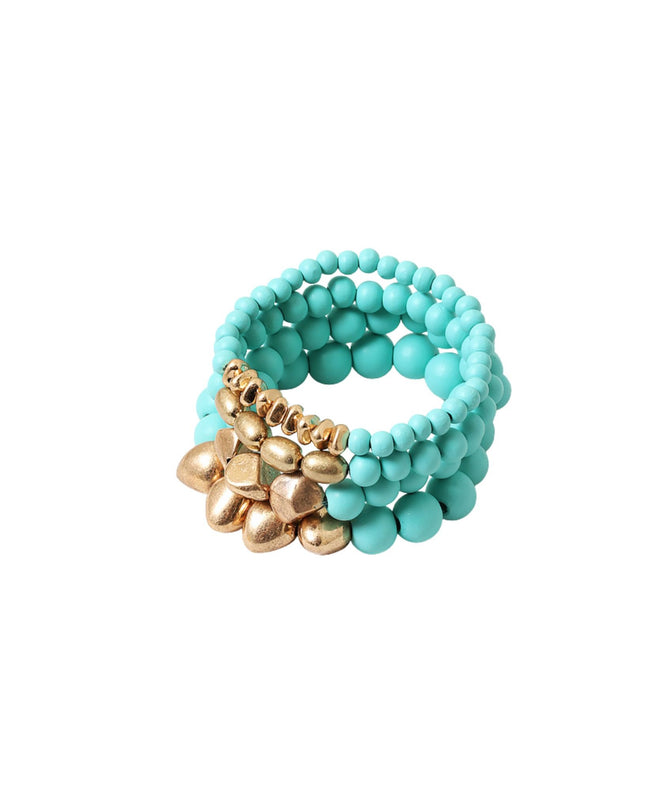 Gold Bead Center Wood Beaded Stretchable 4 Bracelet Set