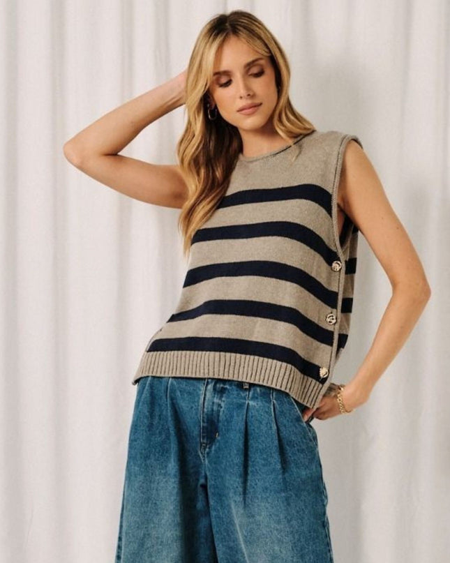 Side Button Striped Boxy Sleeveless Sweater