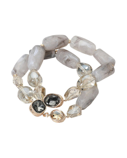Chunky Marbled Resin Pebble Faceted Stone Beaded Stretch Layered 2 Bracelet Set