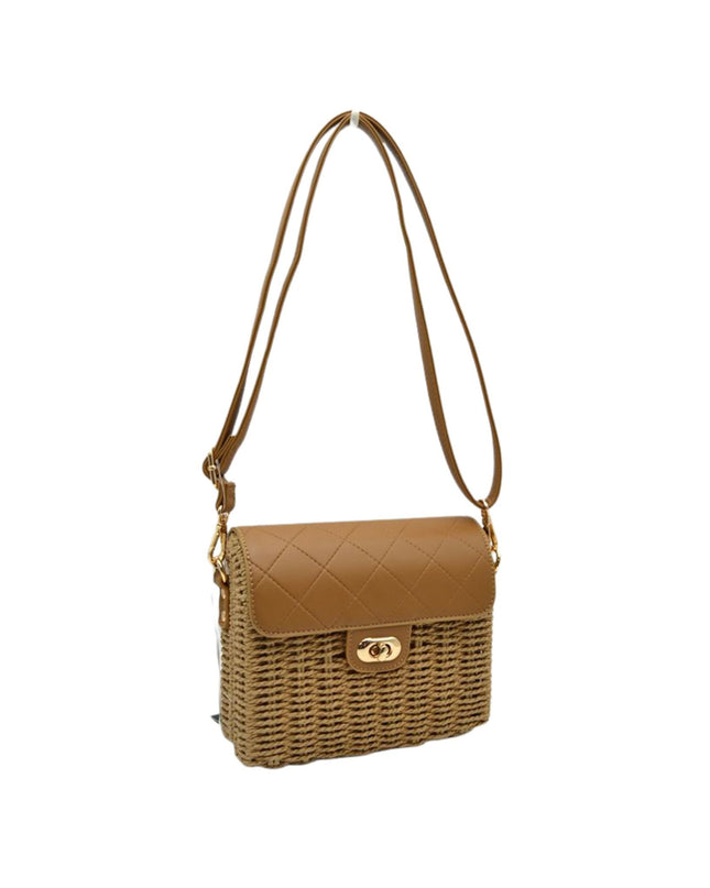 Square Straw Quilted Vegan Leather Closure Shoulder Bag