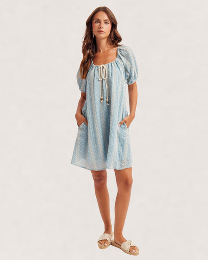 Square Neck Balloon Sleeve Embroidered Denim Babydoll Mini Dress