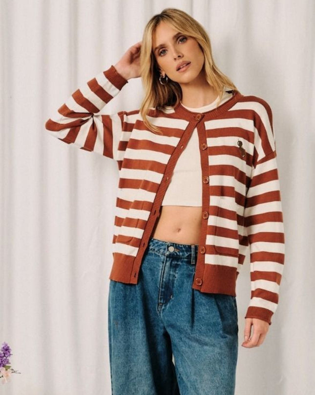 Embroidered Olive Striped Cardigan Sweater