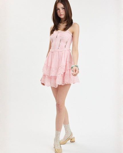 Solid Hook & Eyes Layered Floral Lace Mini Dress