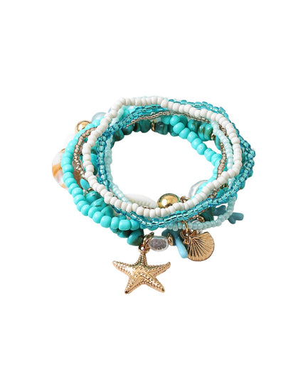Mixed Beaded Puka Shell Gold Starfish Sea Shell Charm 6 Bracelet Set