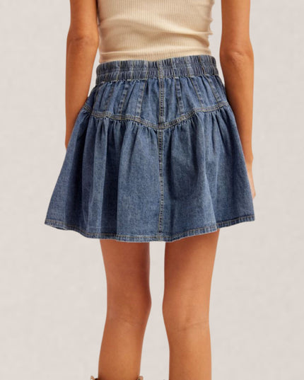Pleated Yoke Elastic Tie Waist Denim Mini Skirt