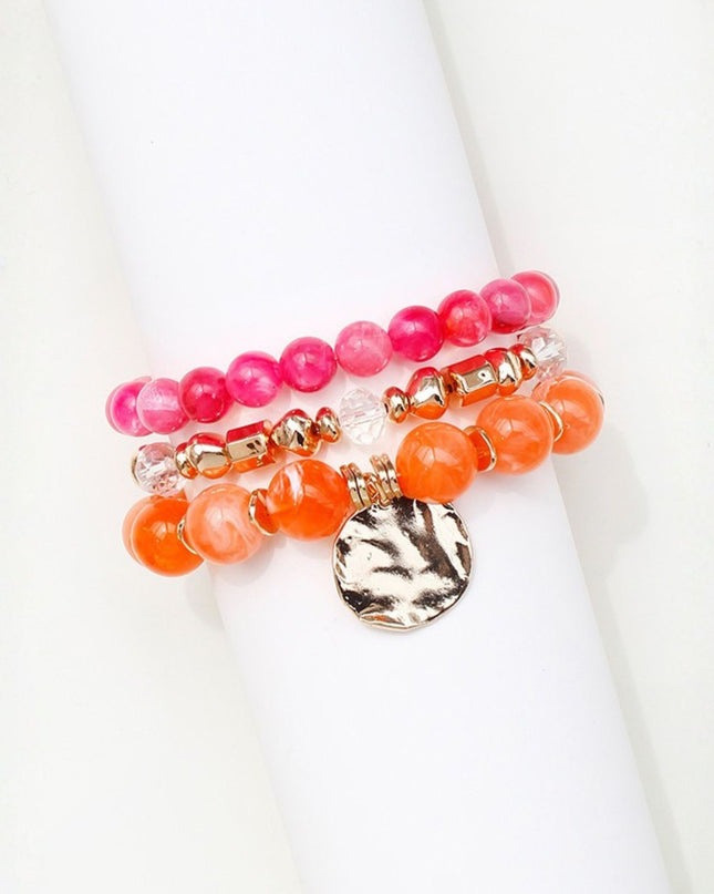 Hammered Metal Disc Charm Beaded Stretch Layered 3 Bracelet Set