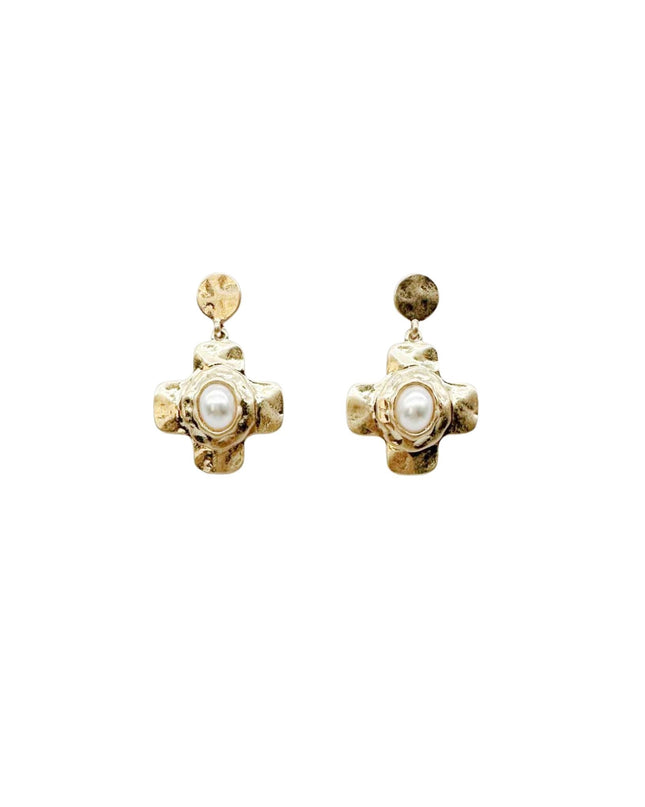 Oval Pearl Centered Cross Gold Metal Drop Dangle Earrings