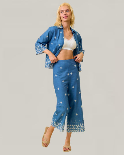 Scallop Embroidered Back Elastic Waist Chambray Pants