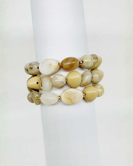 Mixed Sized Natural Stone Bead Gold Beaded 3 Bracelet Set
