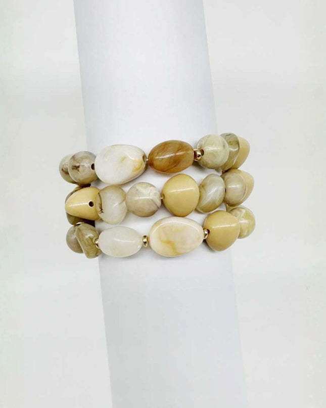Mixed Sized Natural Stone Bead Gold Beaded 3 Bracelet Set