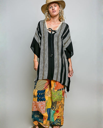 V Neck Relaxed Kimono Textured Stripe Short Sleeve Top