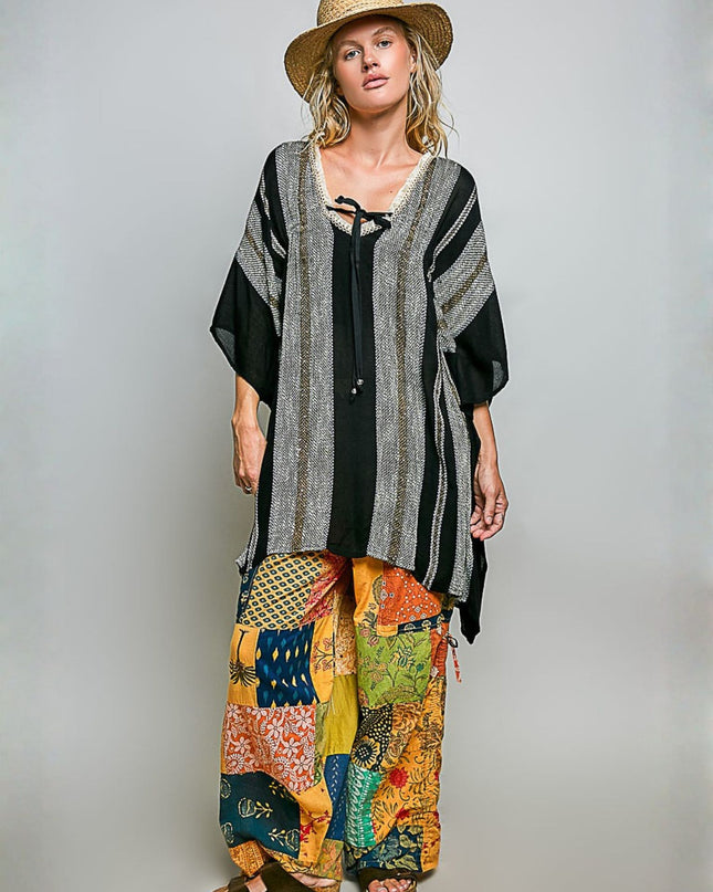 V Neck Relaxed Kimono Textured Stripe Short Sleeve Top