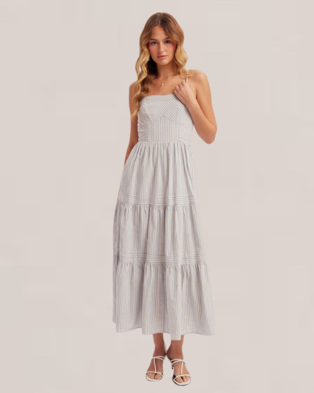 Sweetheart Neck Mixed Striped Smocked Back Spaghetti Strap Midi Dress