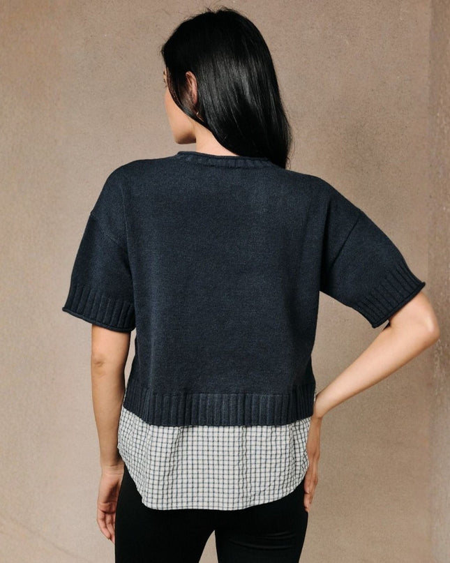 Contrast Knit Plaid Button Front Blouse Trim Short Sleeve Sweater