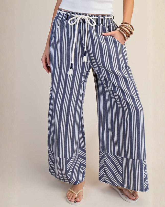 Vertical Stripe Wide Leg Elastic Waist Tassel Rope Belt Palazzo Pants