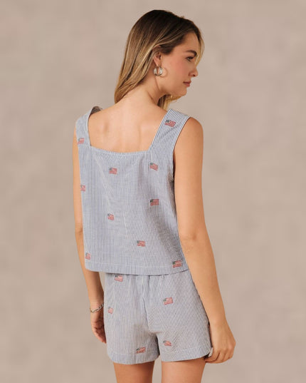 Stripe Flag Embroidered Seersucker Square Neck Sleeveless Top