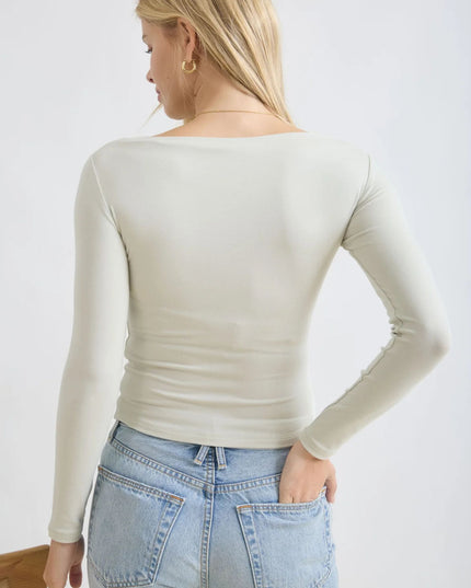 Boat Neck Pintuck Fitted Long Sleeve Top