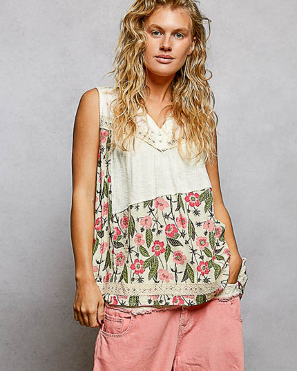 V Neck Floral Contrast Lace Sleeveless Top