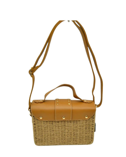 Boxy Straw Vegan Leather Detail Shoulder Bag