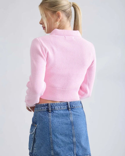 Collared Front Tie Cropped Cardigan Sweater