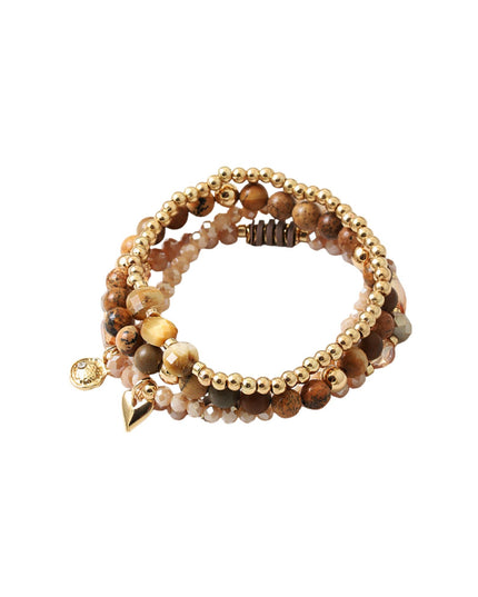 Natural Stone Gold Metal Ball Bead Heart Disc Charm 3 Bracelet Set