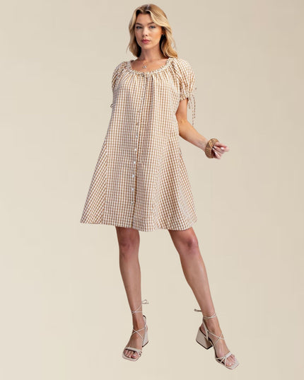 Gingham Seersucker Button Front Tie Short Sleeve Mini Dress
