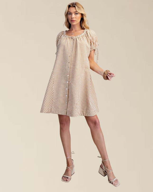 Gingham Seersucker Button Front Tie Short Sleeve Mini Dress