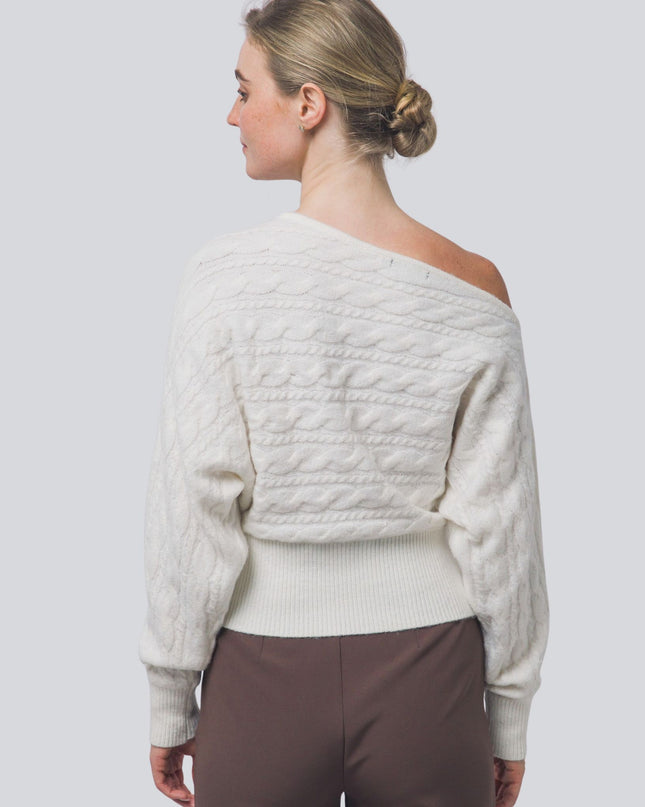 Asymmetric Cable Knit Off Shoulder Sweater