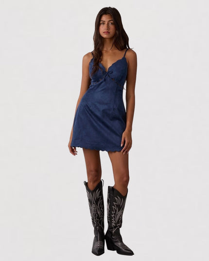 Suede Scallop Cut V Neck Mini Dress