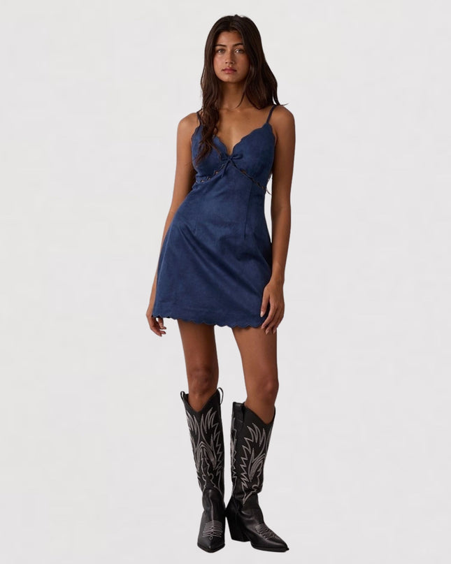 Suede Scallop Cut V Neck Mini Dress