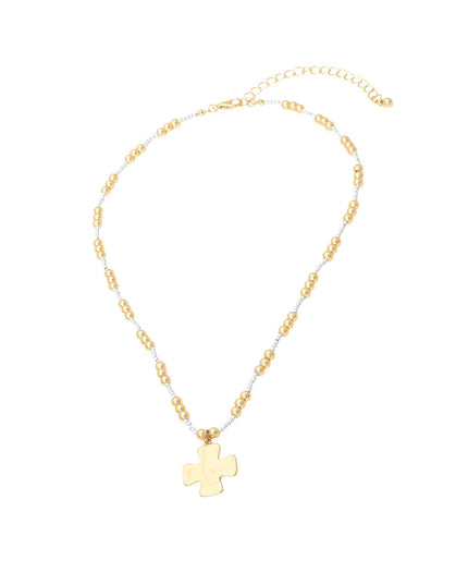 Brushed Hammered Metal Cross Pendant Beaded Chain Necklace