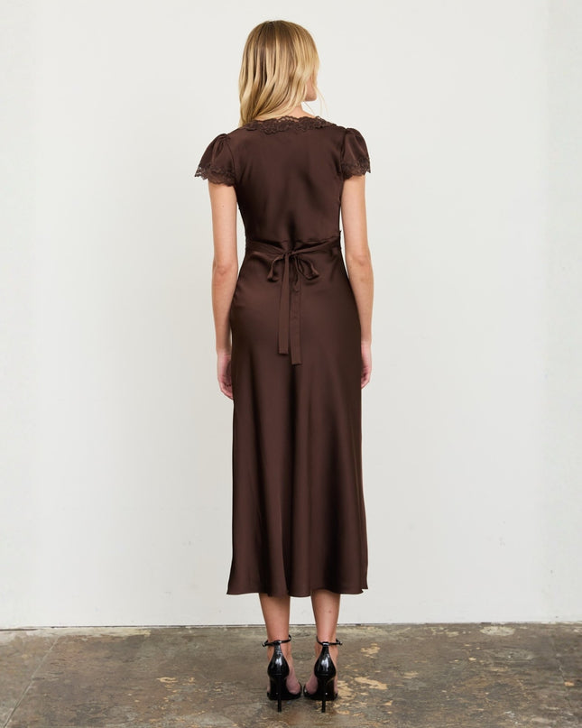 Satin Lace Trim Puff Short Sleeve Midi Dress