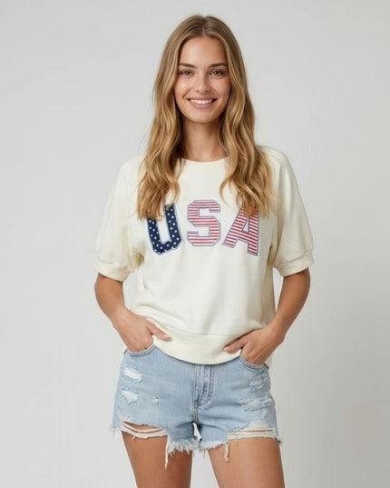 USA Embroidered Short Sleeve Sweatshirt
