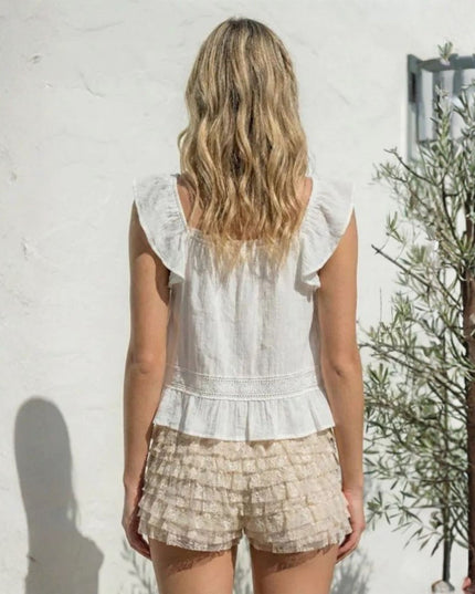 Ruffle Sleeveless V-Neckline Lace Detail Flyaway Hem Top