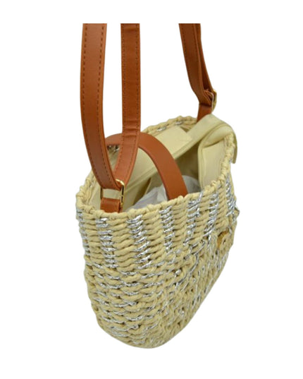 Metallic Detail Half Circle Straw Crossbody Handbag