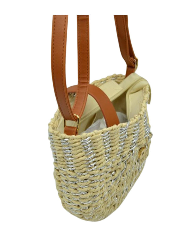 Metallic Detail Half Circle Straw Crossbody Handbag