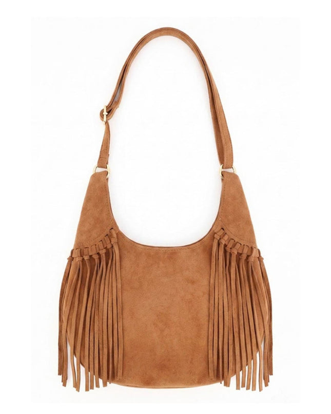 Western Faux Suede Fringe Shoulder Hobo Bag