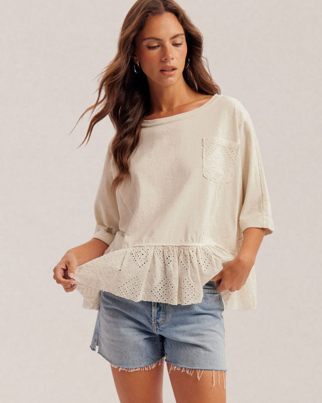 Lace Ruffle Loose Fit Short Sleeve Top