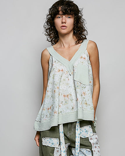 Printed Ribbed V Neck Sleeveless Top