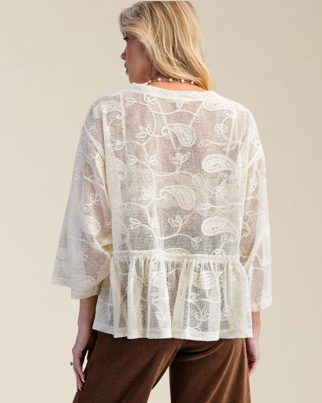 Paisley Embroidered Lace Ruffle Bottom 3/4 Sleeve Top
